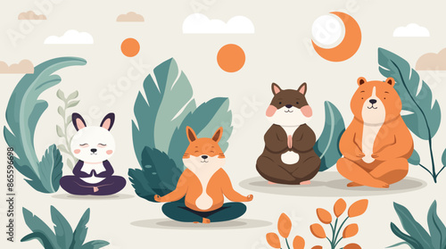 Cute animals characters doing yoga. Breathing and meditating practice for stress relief and body care. Happy healthy fitness creature practicing exercises vector illustration