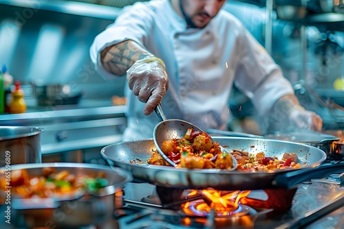 Chef Skillfully Preparing a Gourmet Dish in a Professional Kitchen