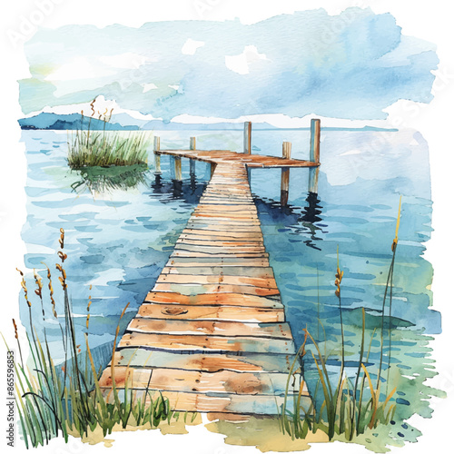 lake dock lanscape vector illustration in watercolor style