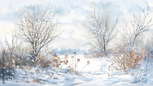 A painting of a snowy landscape with trees and bushes. The trees are bare and the sky is cloudy. The mood of the painting is peaceful and serene