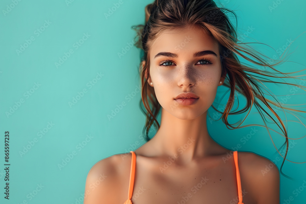 A high-quality image of a model in a trendy swimsuit, with a solid turquoise background evoking a beach atmosphere A high-quality image of a model in a trendy swimsuit, with a solid turquoise background evoking a beach atmosphere
