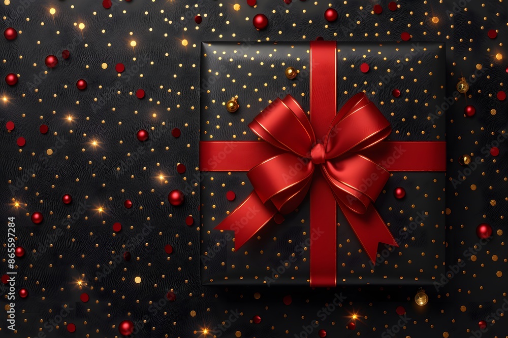 Festive Holiday Present with Red Ribbon on Black and Gold Confetti Background - Christmas Gift Design for Print or Posters Festive Holiday Present with Red Ribbon on Black and Gold Confetti Background - Christmas Gift Design for Print or Posters