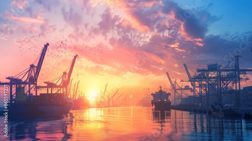 A vibrant port scene at sunrise, with cranes and cargo ships silhouetted against the emerging daybreak, illustrating the interconnectedness and efficiency of global trade routes