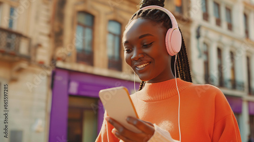 young woman using mobile phone while smiling, copy space