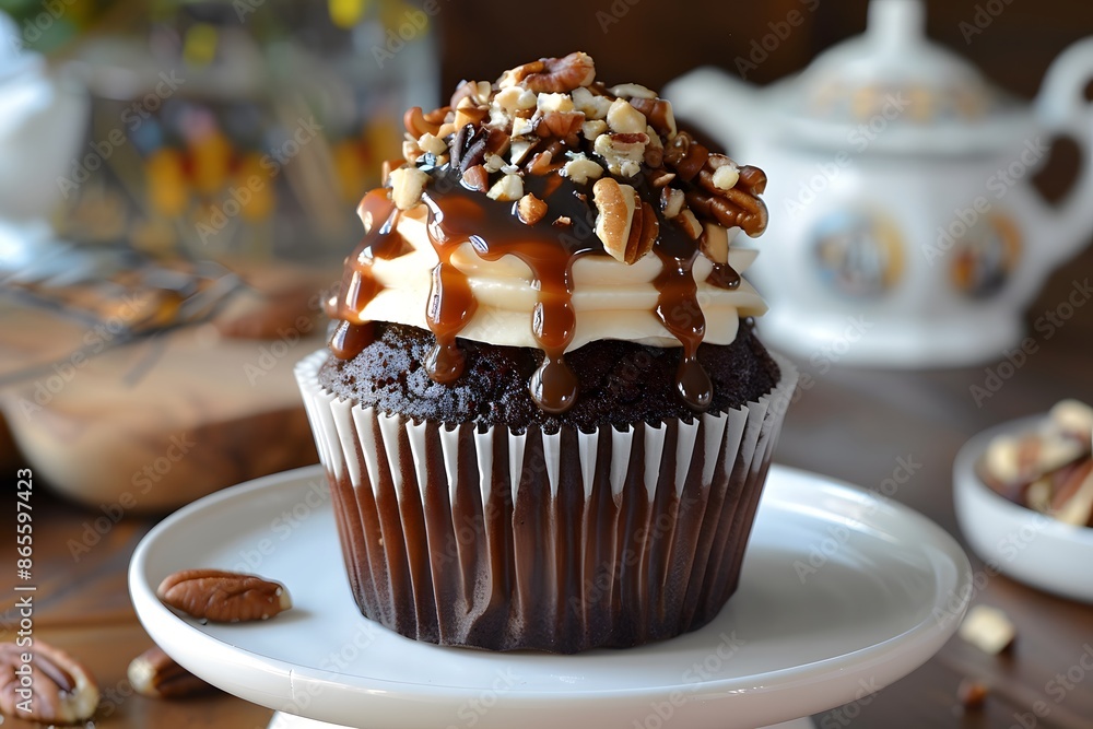 Decadent Chocolate Cupcake with Caramel Drizzle and Nut Topping