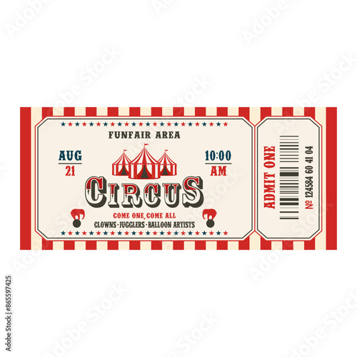 Retro circus ticket template. Admit one. Vector illustration