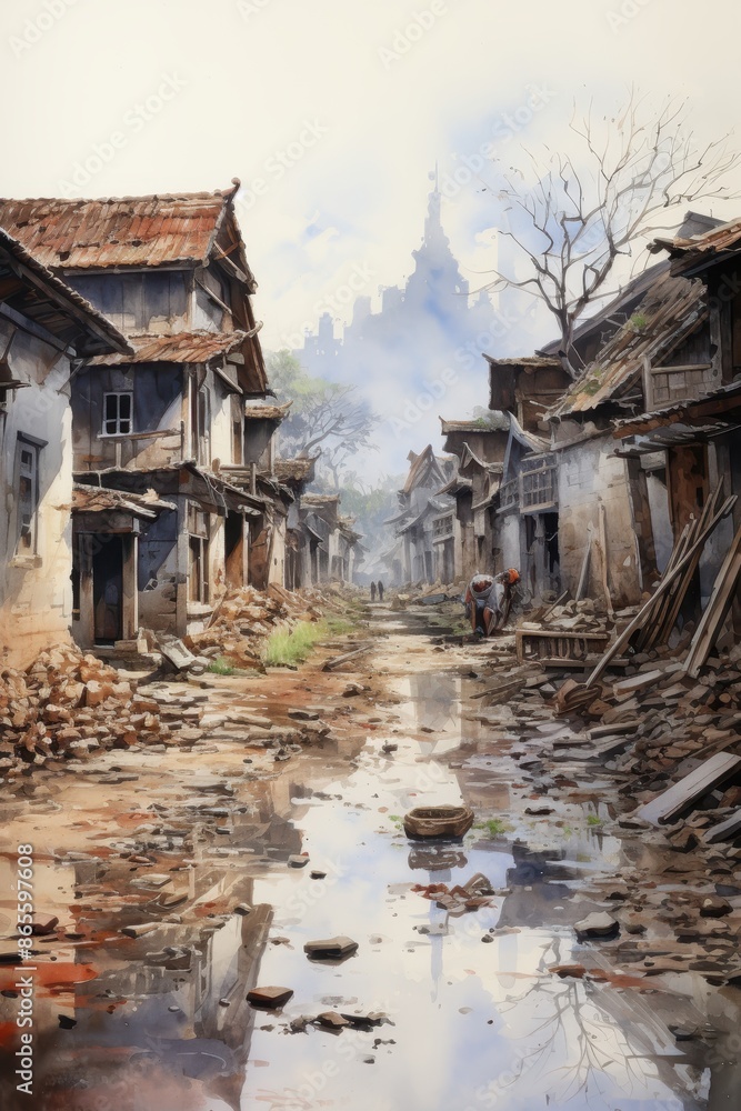 Obraz premium Watercolor painting of a damaged village street