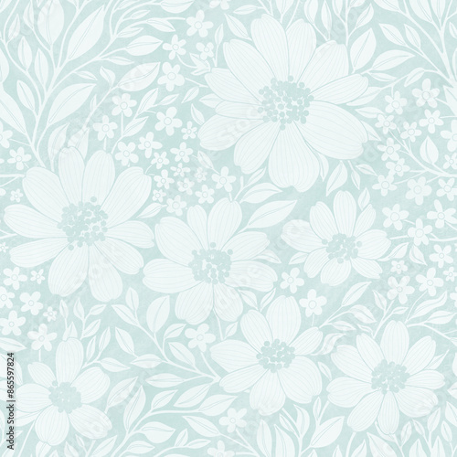 Wallpaper Mural Floral Seamless Pattern of Pastel Blue Flowers and Leaves with Texture, Great for Textiles, Surfaces, Wallpapers, Wrapping Papers, Fabrics, Prints, Package Design, Fashion, Beauty Products Torontodigital.ca