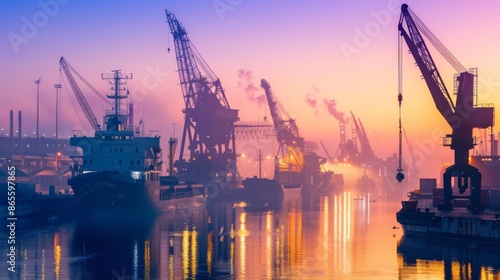 A vibrant port scene with bustling cranes and cargo ships under the glow of morning light, illustrating the global connectivity of trade routes, photography style