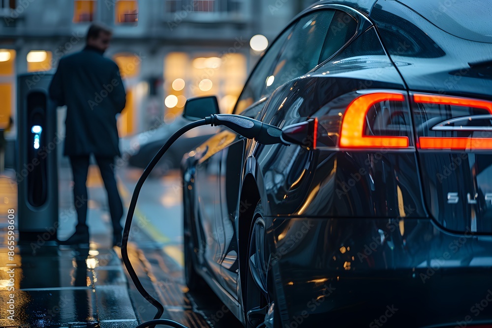 Electric Car Charging at a Station in an Urban Setting Electric Car Charging at a Station in an Urban Setting