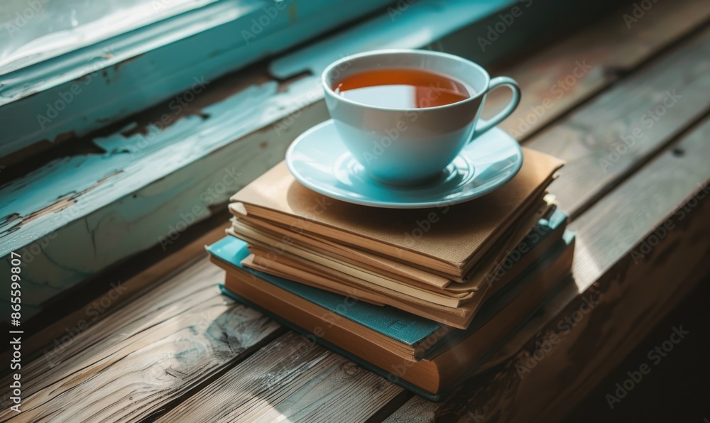 Stack of books on a wooden table with a cup of tea next to it, shadow from window, top view Stack of books on a wooden table with a cup of tea next to it, shadow from window, top view