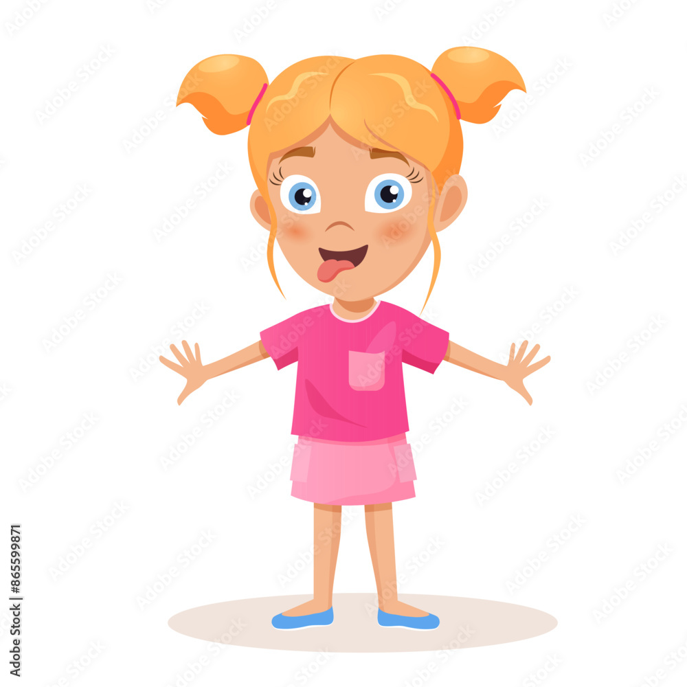 Cartoon funny baby girl character in pink clothes isolated on white background.
Cartoon funny baby girl character in pink clothes isolated on white background.