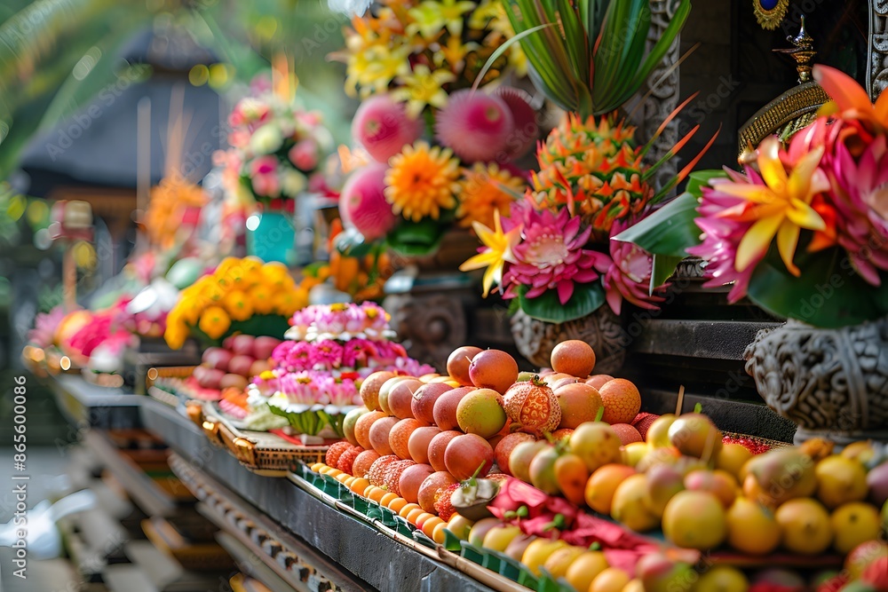 Vibrant Traditional Offering Display with Fruits and Flowers