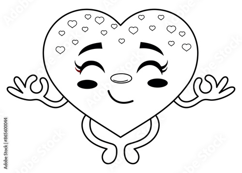 A cute heart character does meditation with his eyes closed. Outline black and white illustration. Yoga breathing exercises sticker