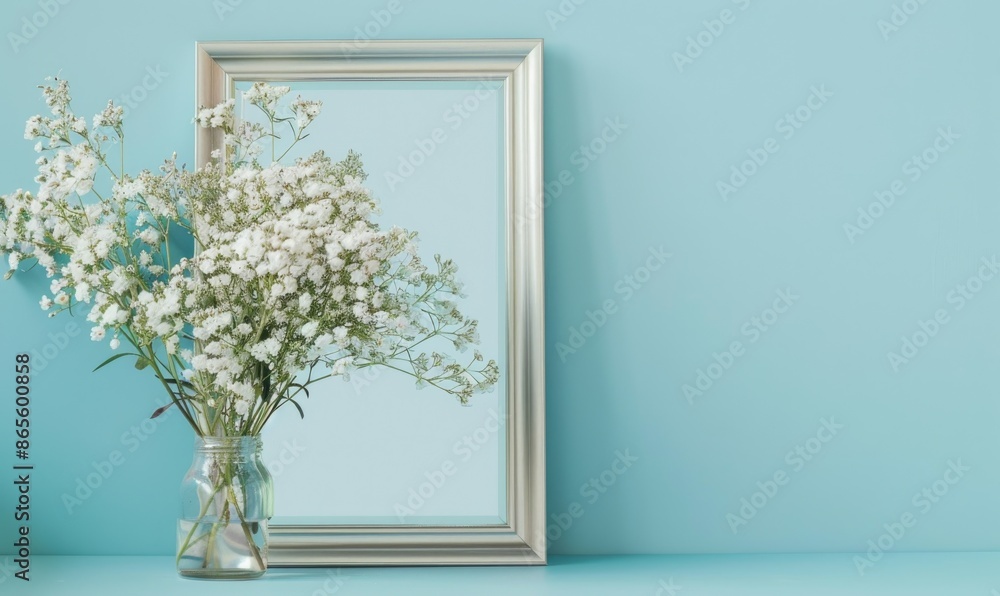 White blank card in a silver frame on a pastel blue background, with a small bouquet of white flowers White blank card in a silver frame on a pastel blue background, with a small bouquet of white flowers