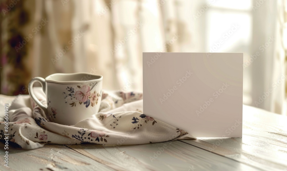 White blank card on a pastel ivory table, with a ceramic mug and a floral print napkin White blank card on a pastel ivory table, with a ceramic mug and a floral print napkin