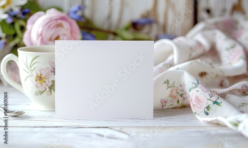 White blank card on a pastel ivory table, with a ceramic mug and a floral print napkin © TheoTheWizard