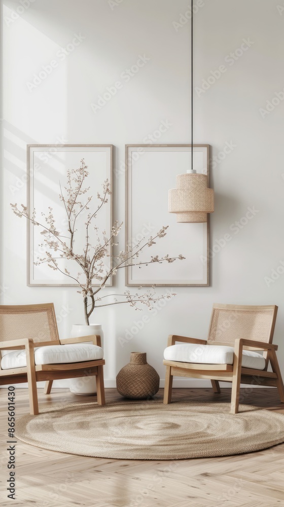 Fototapeta premium A modern living room interior design with white armchairs and a wicker coffee table