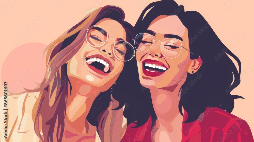 Joyful flat rendering of two close female friends, one with a broad face and glasses, the other with a beautiful makeup look, sharing a laugh Joyful flat rendering of two close female friends, one with a broad face and glasses, the other with a beautiful makeup look, sharing a laugh