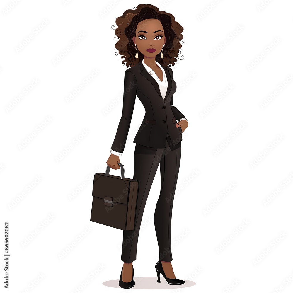 Stylish Cartoon Illustration of a Confident Businesswoman in Black Suit Holding a Briefcase on White Background Stylish Cartoon Illustration of a Confident Businesswoman in Black Suit Holding a Briefcase on White Background