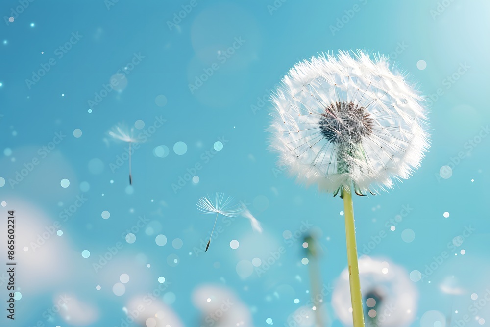 Dandelion Seeds Floating in the Breeze Against a Clear Blue Sky Dandelion Seeds Floating in the Breeze Against a Clear Blue Sky