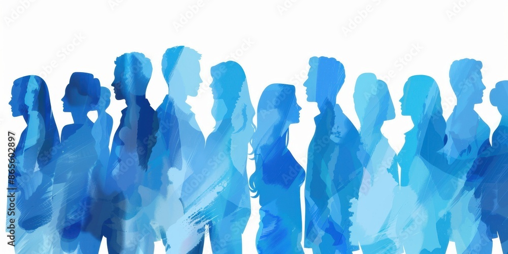 Obraz premium Abstract business people team concept with silhouettes of men and women in blue colors standing together on a white background Generative AI