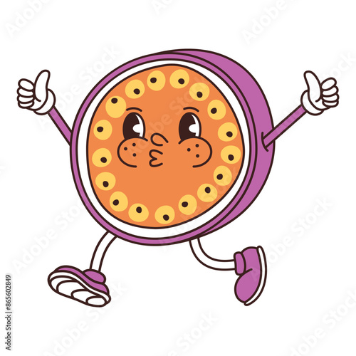 Retro groovy funny fruit. Naughty anthropomorphic character passion fruit on white background. Vector flat illustration