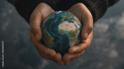 Hands holding a miniature Earth, symbolizing global unity and environmental responsibility. Inspirational and transformative imagery. photo