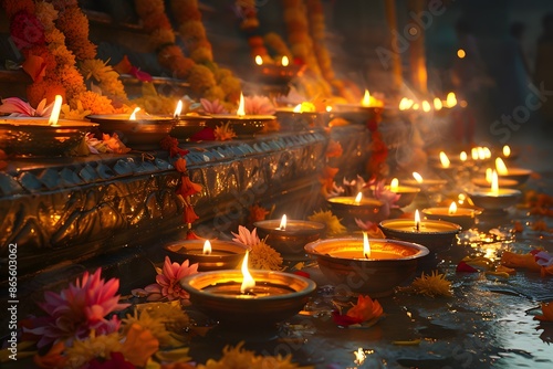 Illuminated Oil Lamps and Flowers Adorning a Sacred Space © Valentin
