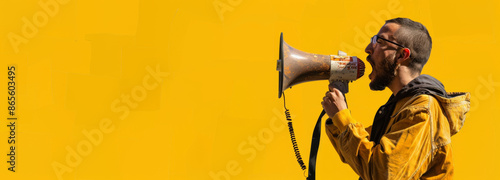 a man holding megaphone, yellow background, collage art style