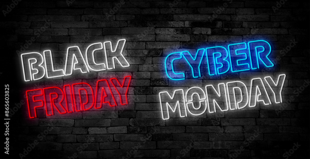 Black Friday, Cyber Monday banner. Hanging sale signboards on pink and blue bright background. Modern design with neon elements. Black Friday, Cyber Monday banner. Hanging sale signboards on pink and blue bright background. Modern design with neon elements.