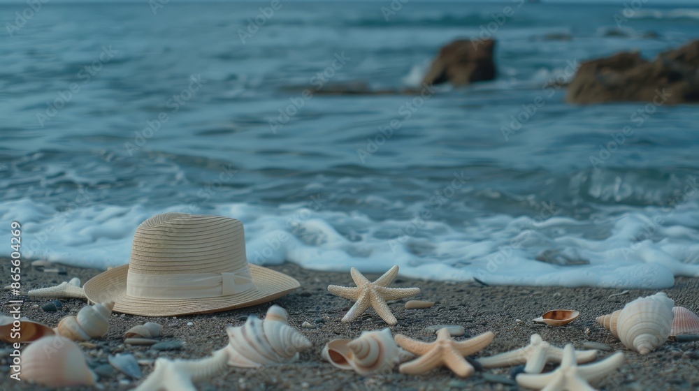 A straw hat and seashells lie on the sandy beach, with the ocean waves gently rolling in the background A straw hat and seashells lie on the sandy beach, with the ocean waves gently rolling in the background
