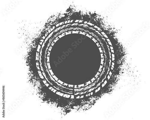 Tire wheel mark of car on background of grunge splash. Vector illustration
