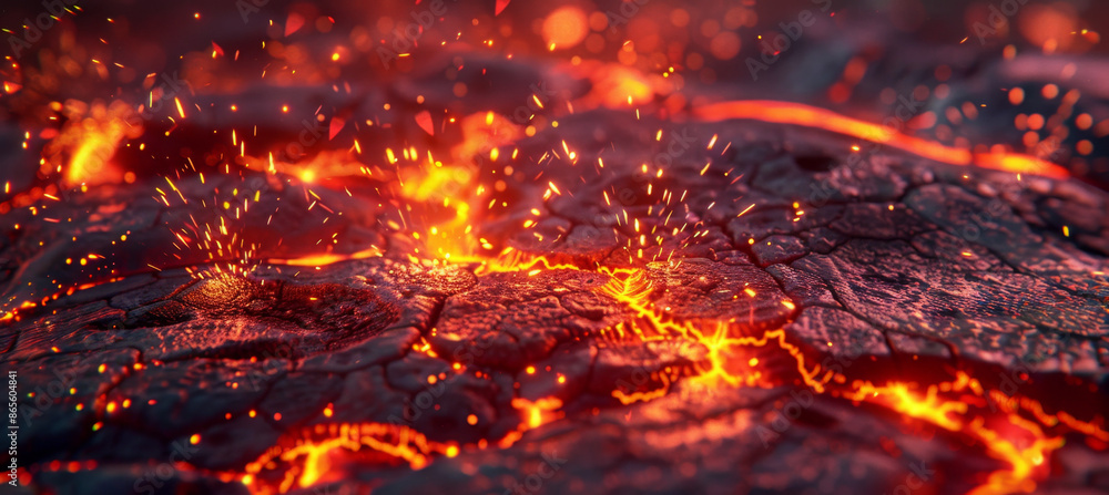 Red lava background, cracked ground with sparks flying around. Lava and rocks on the surface of an erupting volcano Red lava background, cracked ground with sparks flying around. Lava and rocks on the surface of an erupting volcano