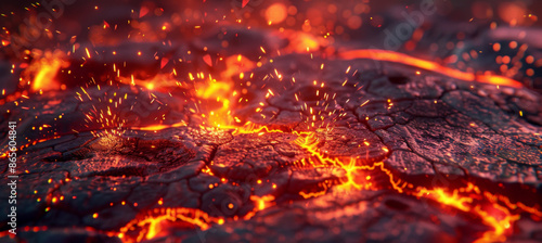 Red lava background, cracked ground with sparks flying around. Lava and rocks on the surface of an erupting volcano