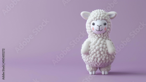 3D rendering of a cute and fluffy white sheep standing on a purple background. © Design