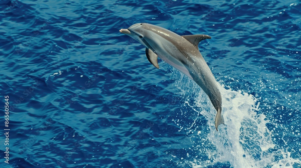 Obraz premium A grey dolphin leaps out of a blue pool, its body arched and tail extended
