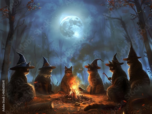 A coven of cats in the forest with a full moon