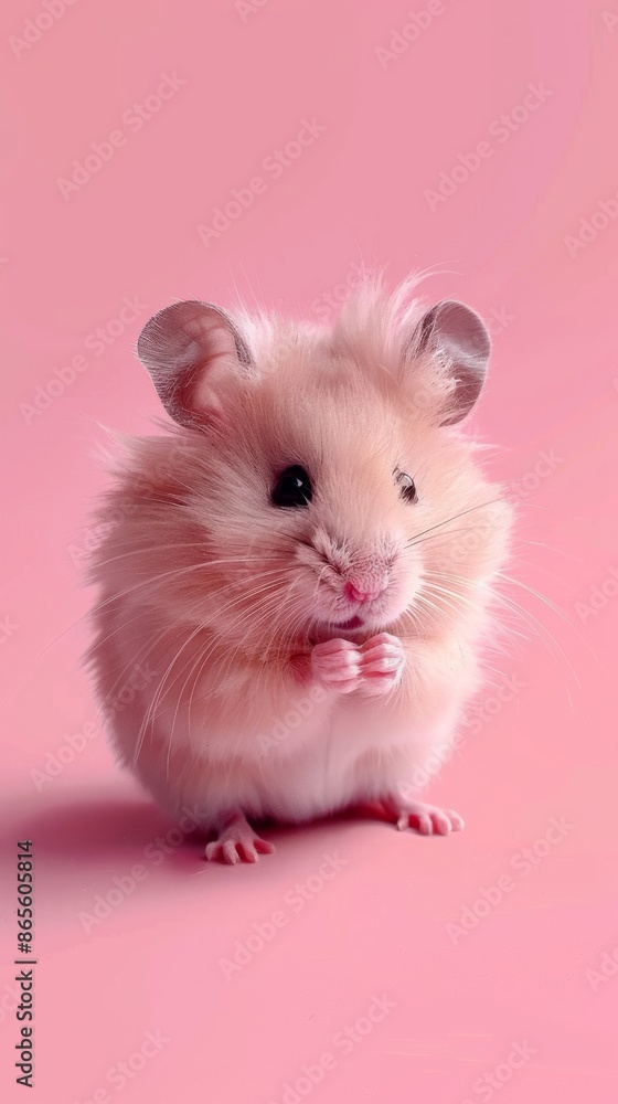 Cute fluffy hamster on pink background, studio shot. Adorable pet photography concept Cute fluffy hamster on pink background, studio shot. Adorable pet photography concept