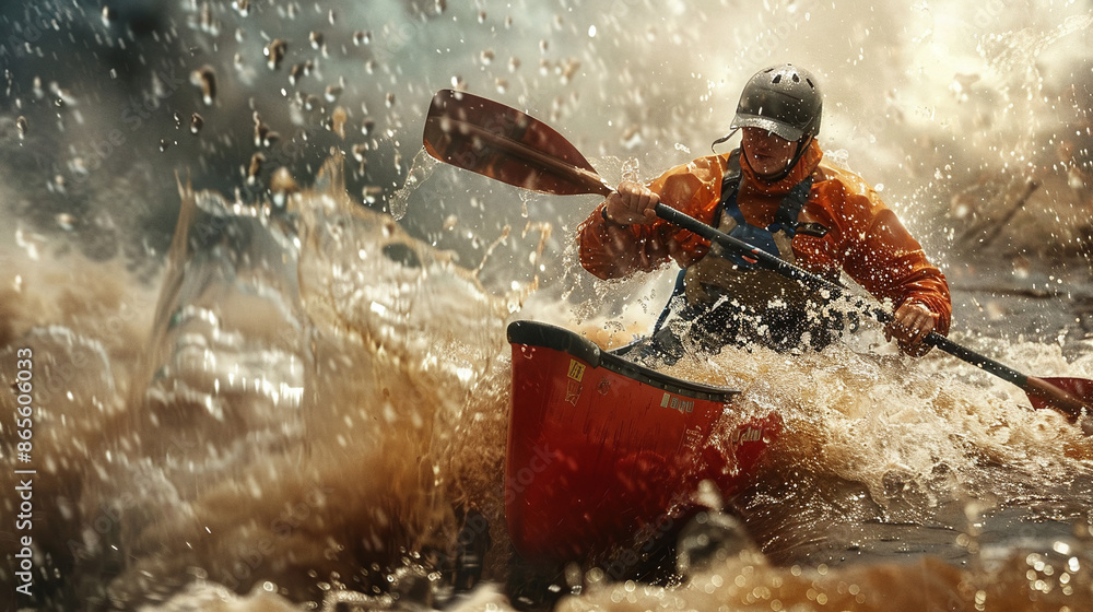Naklejka premium person kayaking in the river