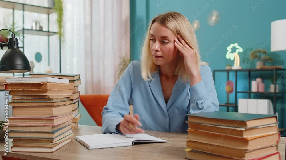 Tired young student writer woman sitting at desk with pile of books. Blond Caucasian female freelancer writing a novel book with pen. The scene suggests that girl is studying or working on a project. Tired young student writer woman sitting at desk with pile of books. Blond Caucasian female freelancer writing a novel book with pen. The scene suggests that girl is studying or working on a project.