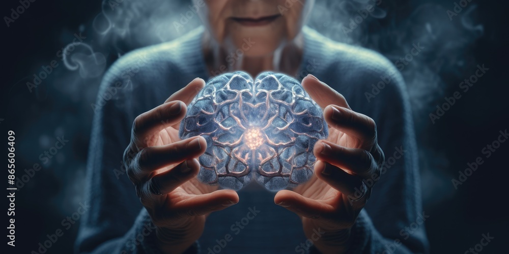 Alzheimer's disease concept, Elderly woman holding brain symbol of missing jigsaw puzzle, World Alzheimer's, World mental health, Memory loss
