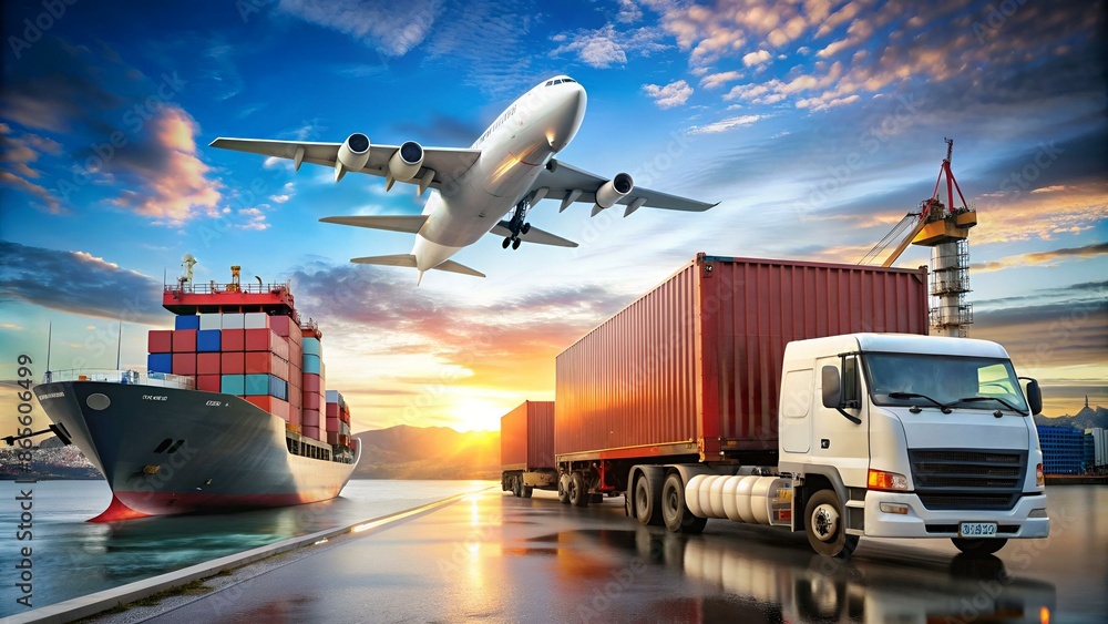Truck, aircraft and cargo ship ready to start to deliver Truck, aircraft and cargo ship ready to start to deliver
