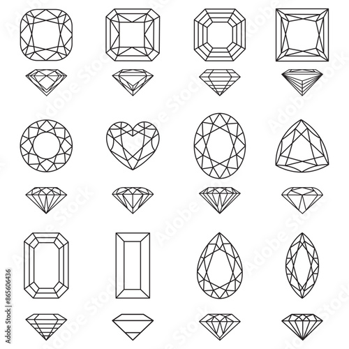 Wallpaper Mural Set of diamonds in flat style. Linear outline icon. Different forms of cutting - cushon, radiant, princess, usher, emerald, heart, trilliant, marquise, pear. Top and side view. Jewelry logo design. Torontodigital.ca