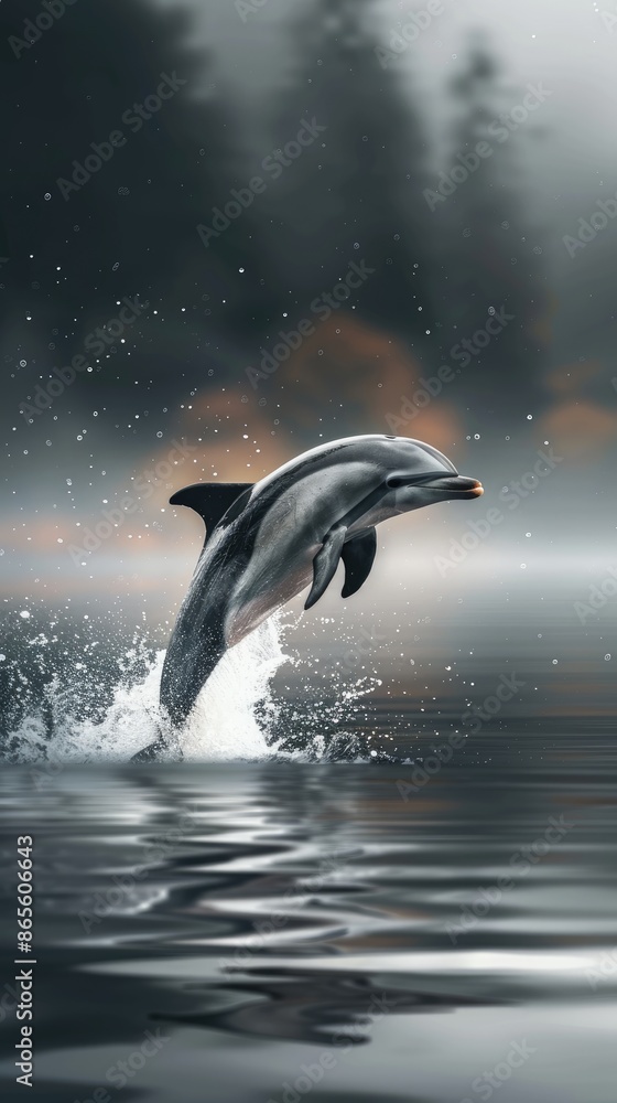 Obraz premium A grey dolphin leaps out of a blue pool, its body arched and tail extended
