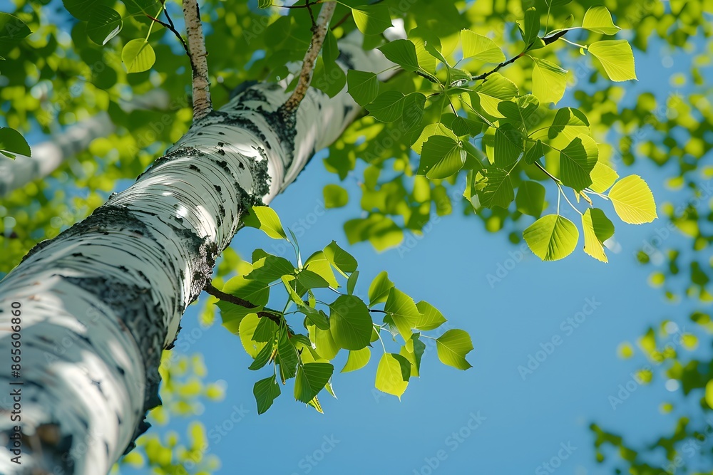 Fototapeta premium Sunlit Birch Tree with Fresh Green Leaves Against a Clear Blue Sky