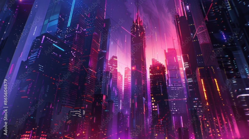A futuristic cityscape with neon lights and a purple sky is vibrant and energetic scene A futuristic cityscape with neon lights and a purple sky is vibrant and energetic scene