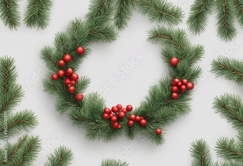 Festive Christmas wreath of fresh natural spruce branches with red holly berries isolated on transpa photo