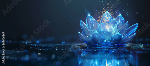 A glowing blue lotus flower floats on water, with holographic particles and dots of light around it.
