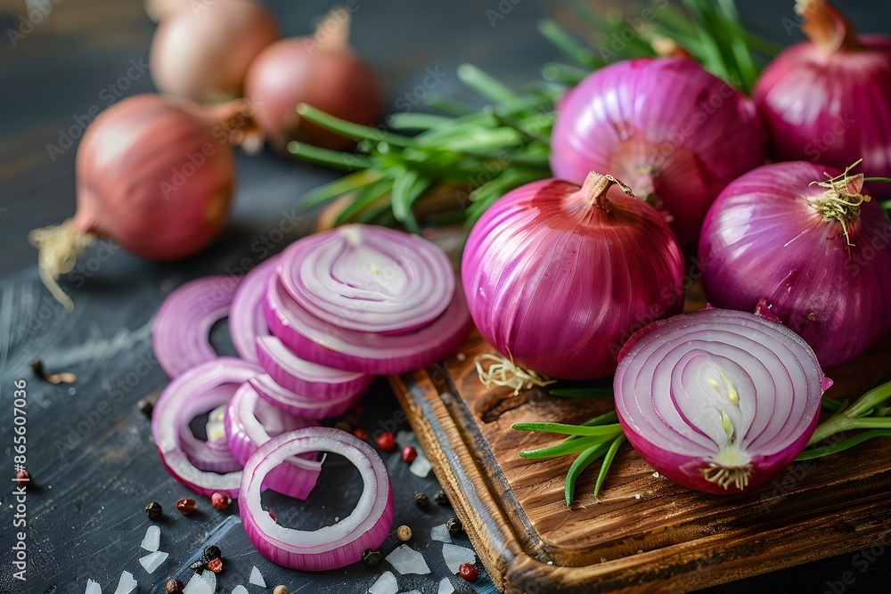 Fresh Red Onions and Slices on a Wooden Cutting Board Fresh Red Onions and Slices on a Wooden Cutting Board